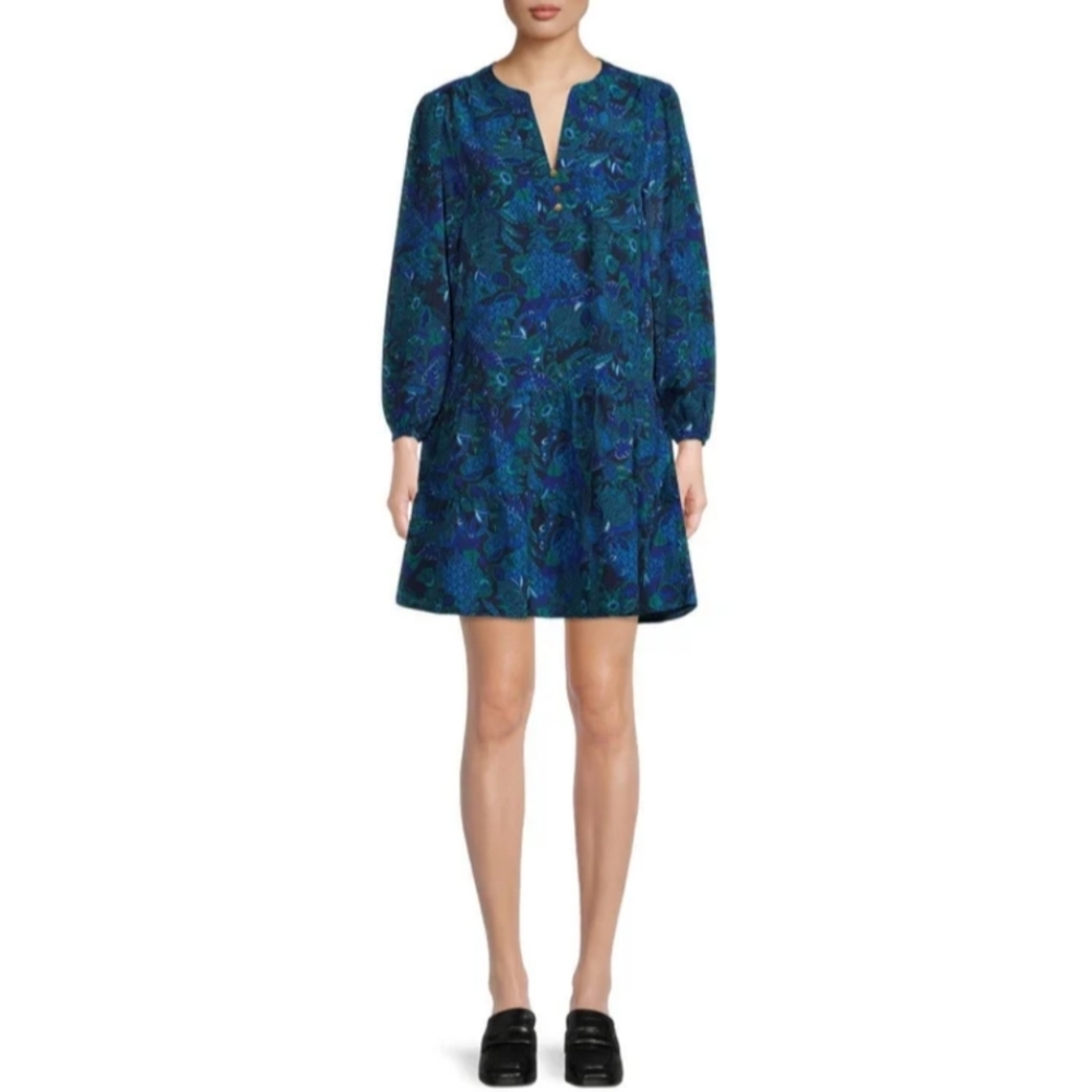 Time and Tru Women's Size XL (16-18) Print Tiered Dress Long Sleeve V-Neck NWT